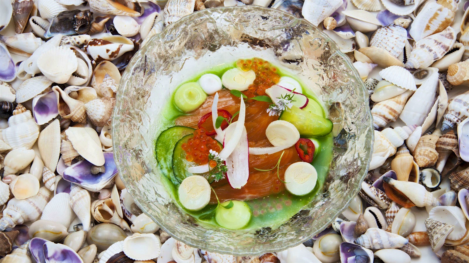 Cured arctic char with roe from Topper's at the Wauwinet on top of a bed of seashells